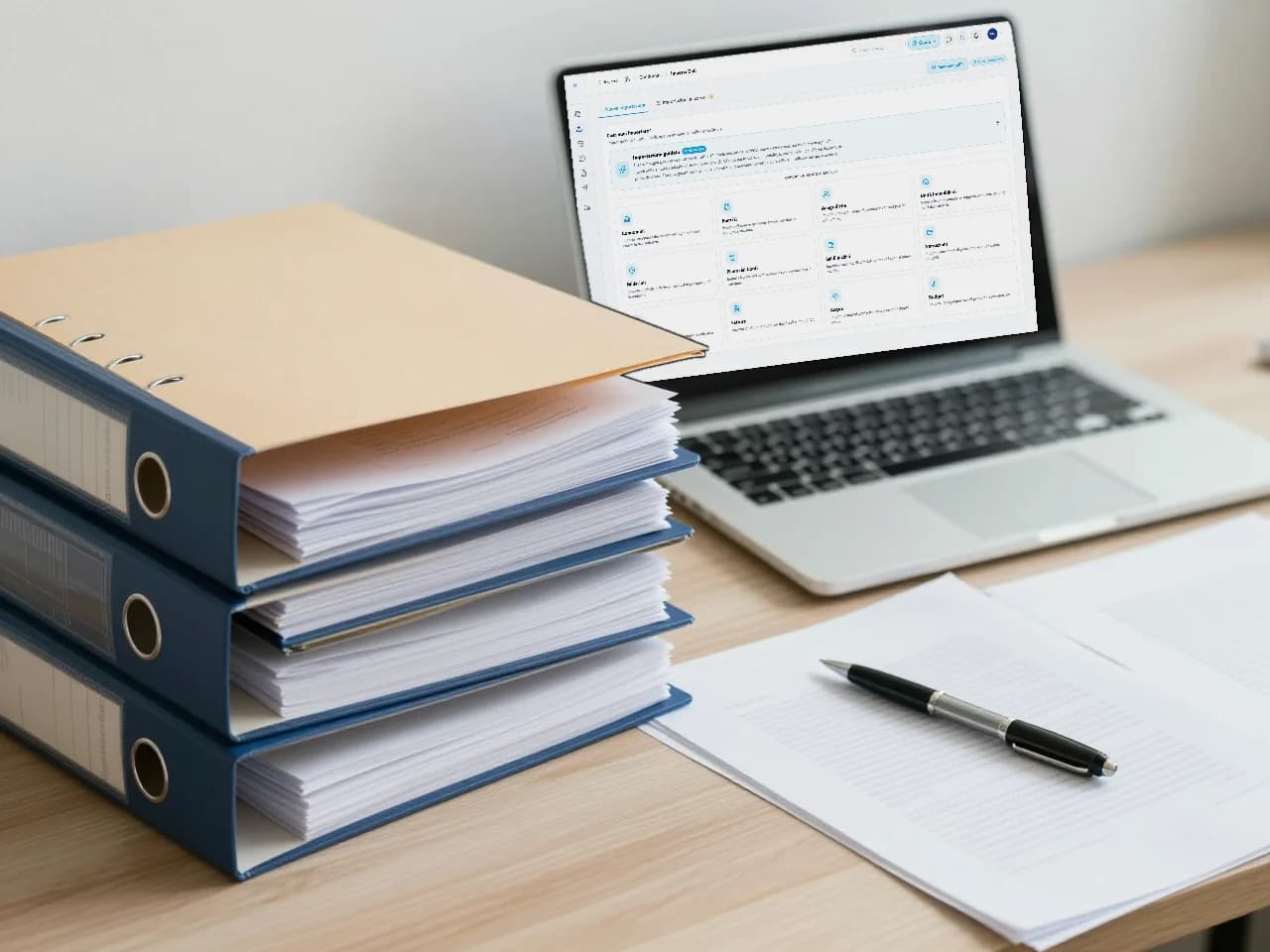 Faldoni dell'archivio accanto al portatile con l'importazione guidata di Nexia Home